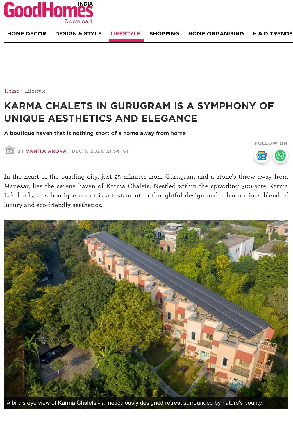Online feature by GoodHomes showing Karma Chalets' architecture and aerial view.