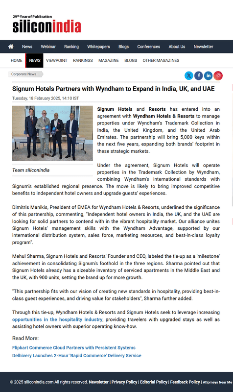 Silicon India article: Signum Hotels partners with Wyndham to expand in India, UK and UAE