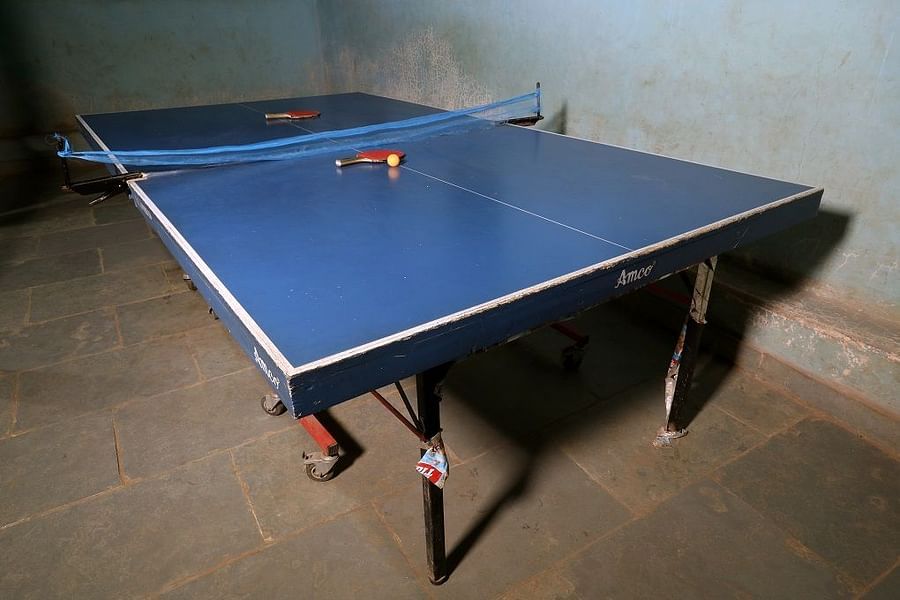 Table Tennis - Sajan - indoor activity blue table and blue nets with red racket.