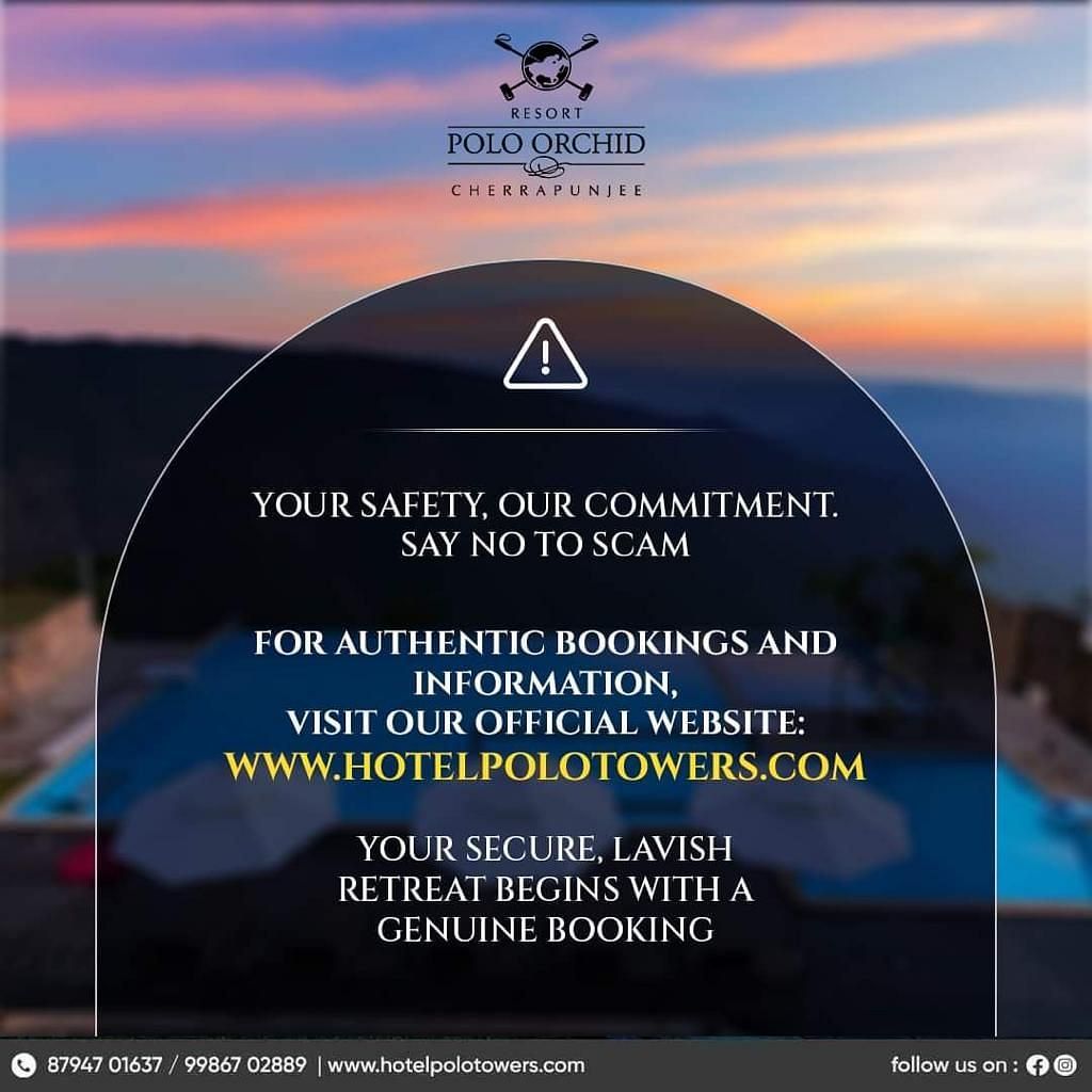 Scenic sunset backdrop with a warning about scams, urging users to visit the official Polo Cherrapunjee Resort website for bookings and information.