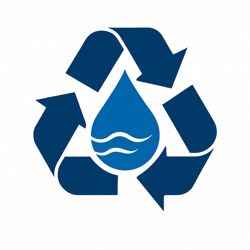 A blue recycling symbol encircles a large blue water droplet with two white wavy lines inside.