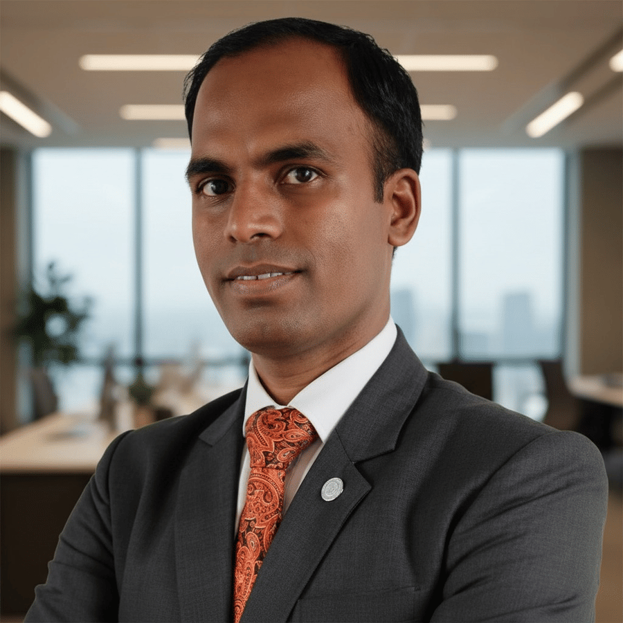 Portrait of Niranjan Sahoo, Corporate Executive Housekeeper at Pride Hotel Group, in a dark suit and orange tie at a hotel office setting.