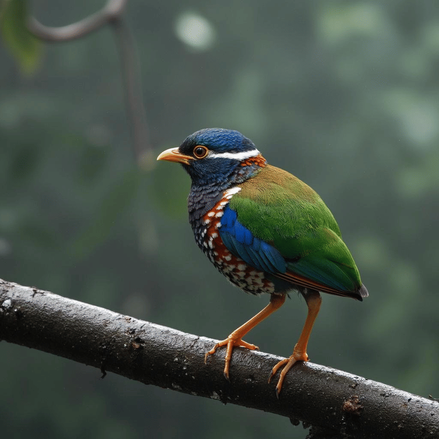 Render of a bird with vibrant feathers in a forest during monsoon against a blurry backdrop.