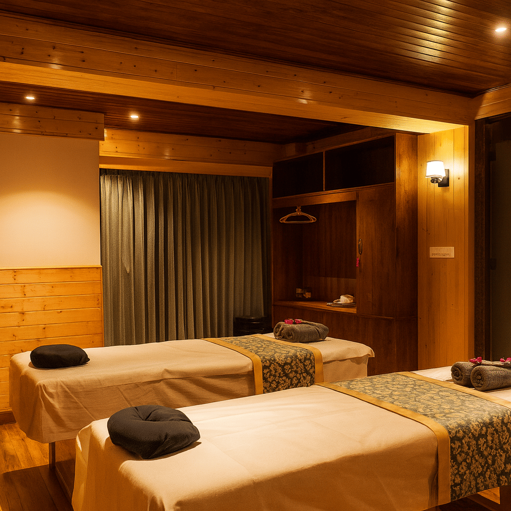 Luxury spa room with two massage beds, warm wooden interiors, and premium lighting for a relaxing wellness experience in Gangtok hotel
