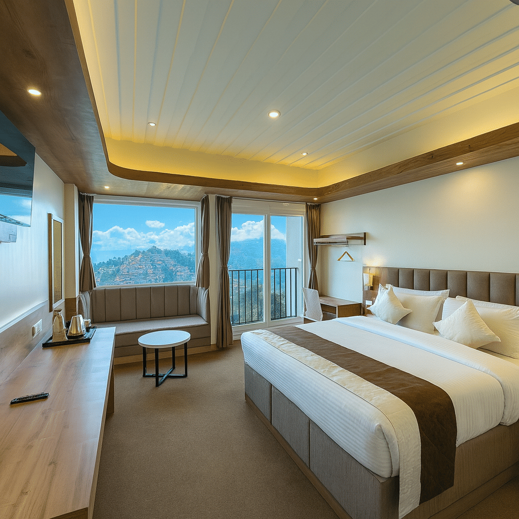 Spacious 3-star hotel room in Darjeeling with king-size bed, modern interiors, premium warm lighting, and large windows offering a clear city and hill view