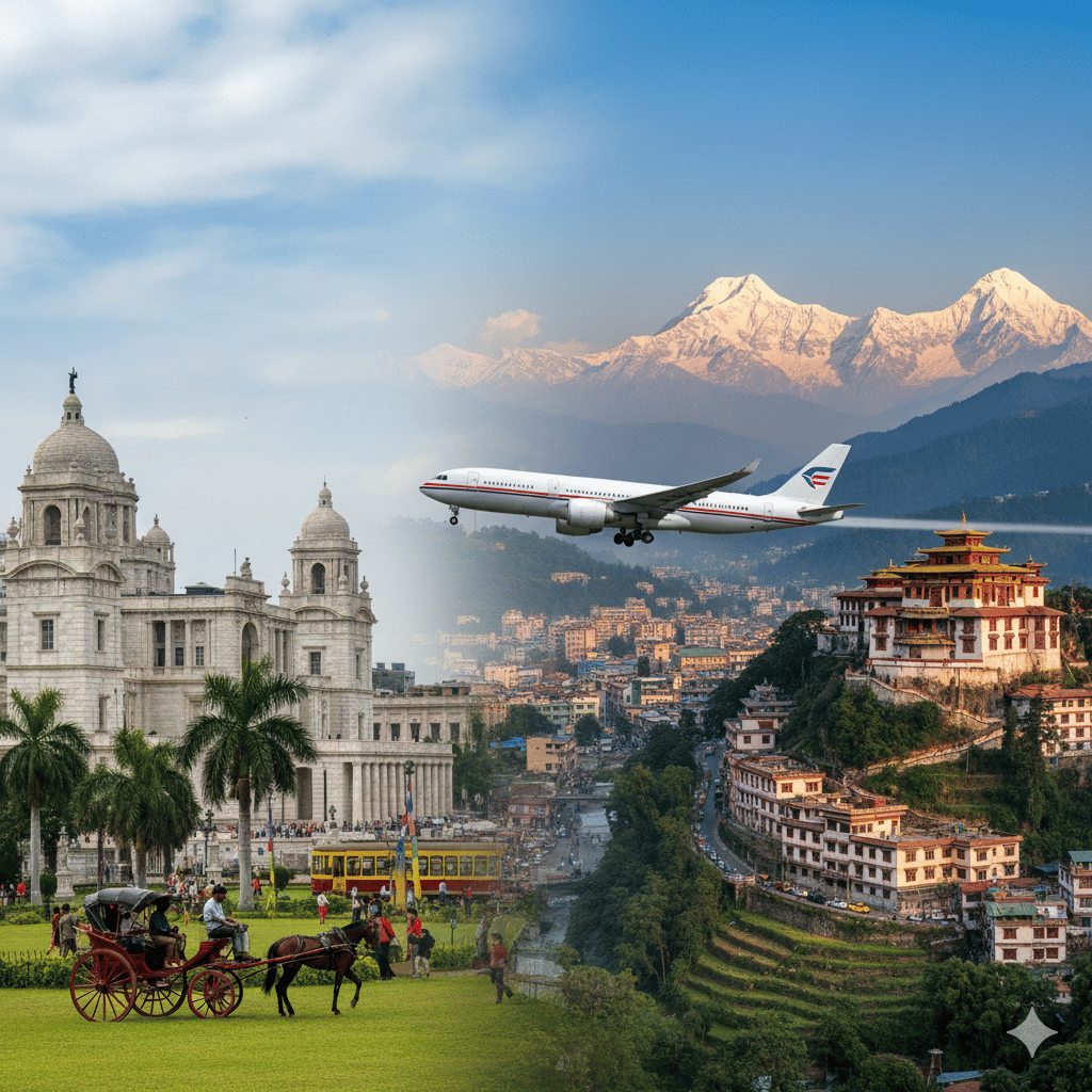 Generate an image Kolkata victoriya memorial to Gangtok city and mountain transition