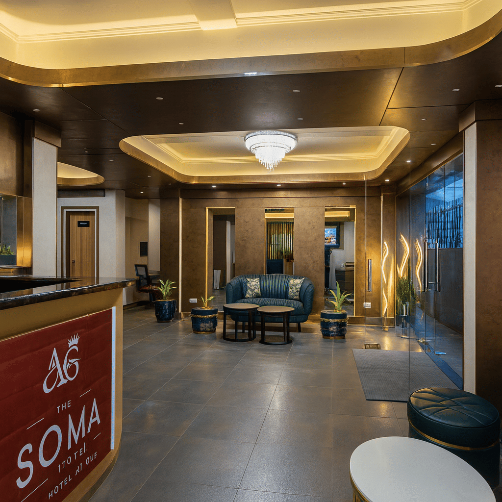 Premium 3-star hotel lobby in Darjeeling with elegant lighting, chandelier, modern reception area, and luxury seating arrangement at The Soma Hotel by Avianna Group