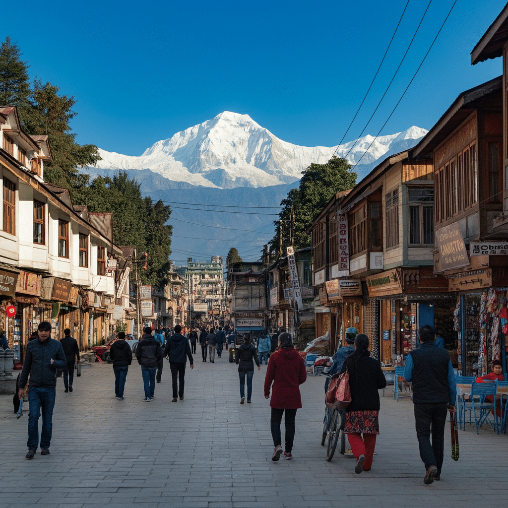 Pedestrians walk along a busy street lined with shops in Gangtok, with the snow-capped Himalayan peaks visible in the clear blue sky.