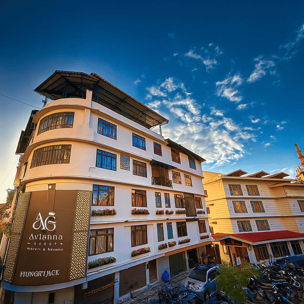 Exterior view of Avianna Group Hungry Jack Hotel in Gangtok with modern white facade, large windows, flower boxes, and clear blue sky