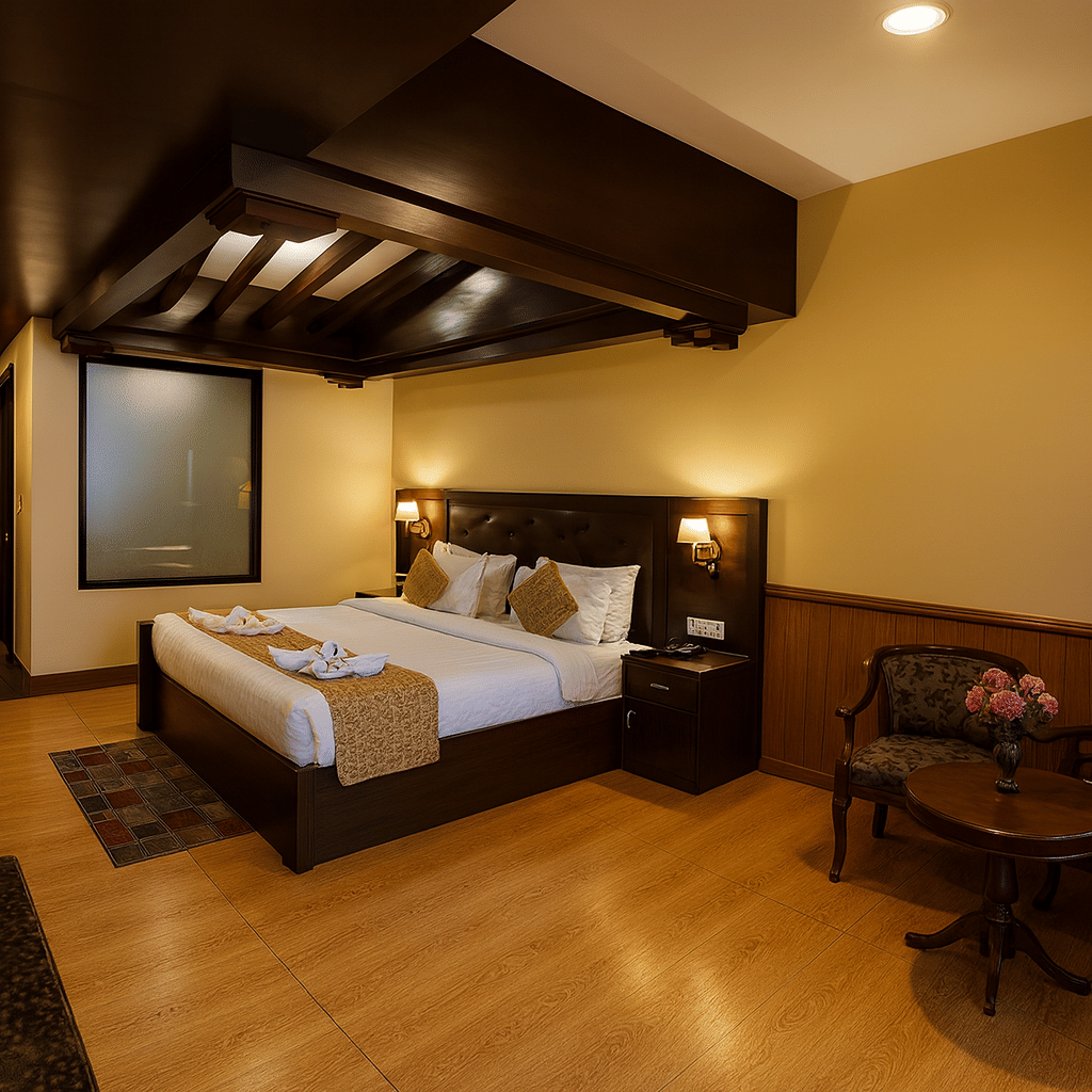 Spacious 3-star hotel room in Gangtok with elegant wooden interiors, cozy double bed, warm lighting, and seating area with flowers