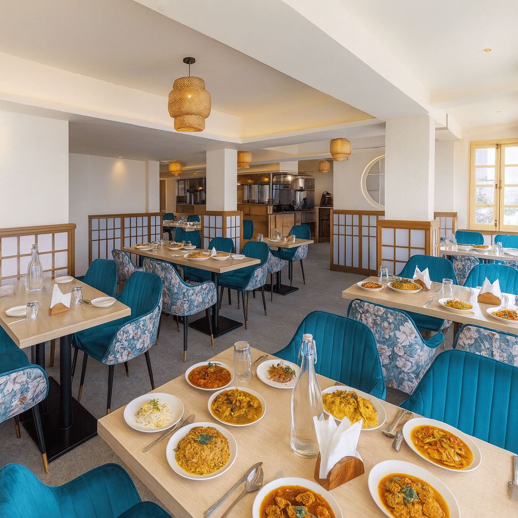 Premium 3-star hotel restaurant in Darjeeling with elegant seating, modern lighting, and tables served with authentic Indian and Chinese cuisine in a bright morning setting