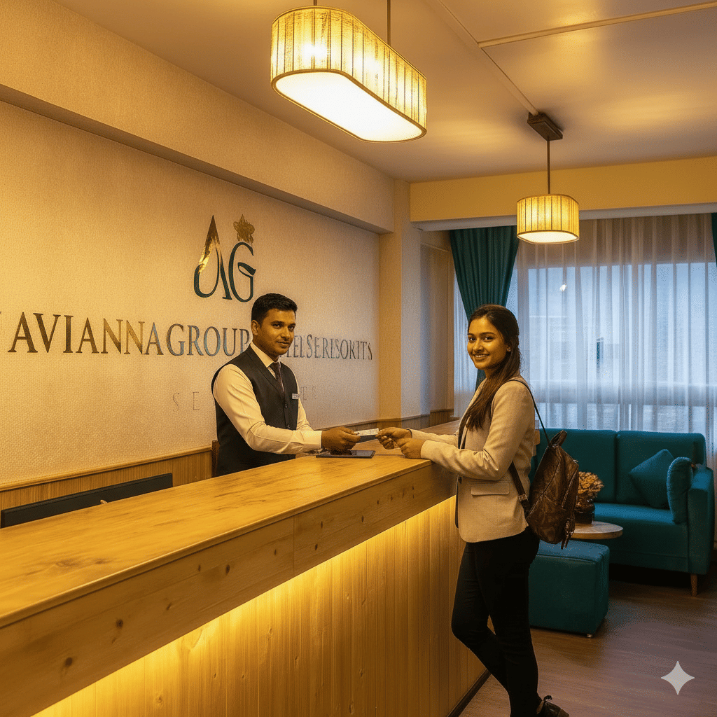 A friendly front desk staff member at Avianna Seven Seas Darjeeling warmly receiving a guest during their check-in process in a hotel lobby with luxurious, heritage-inspired wooden decor.