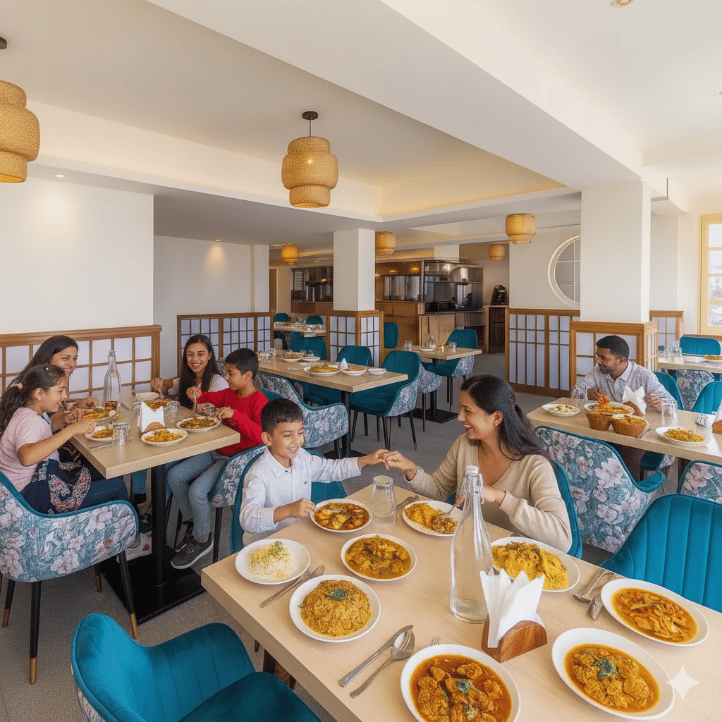 A group of guests, including families and friends, laughing and enjoying a meal together in a vibrant and lively hotel restaurant.