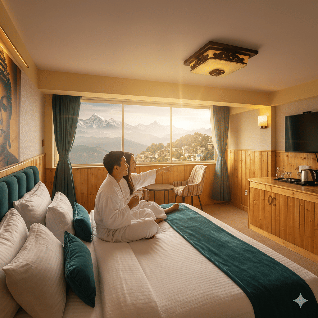 A young couple sitting on a bed in a luxurious Darjeeling hotel room, enjoying a cup of tea while pointing out to a breathtaking sunrise view of the snow-capped Kanchenjunga mountains and the clouds from a large window.