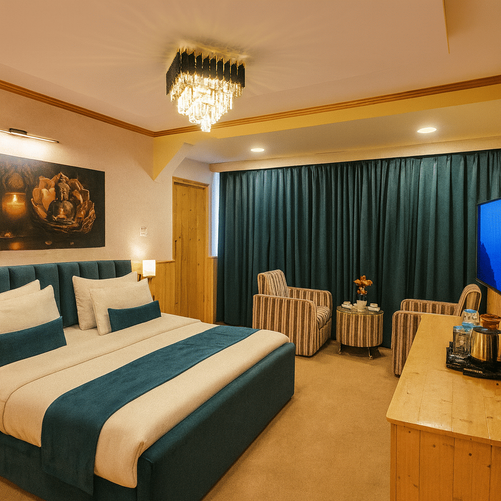 Junior Suite luxury hotel room in Darjeeling featuring king-sized bed with teal accents, chandelier lighting, striped armchairs, and wooden furnishings for a premium 3-star stay