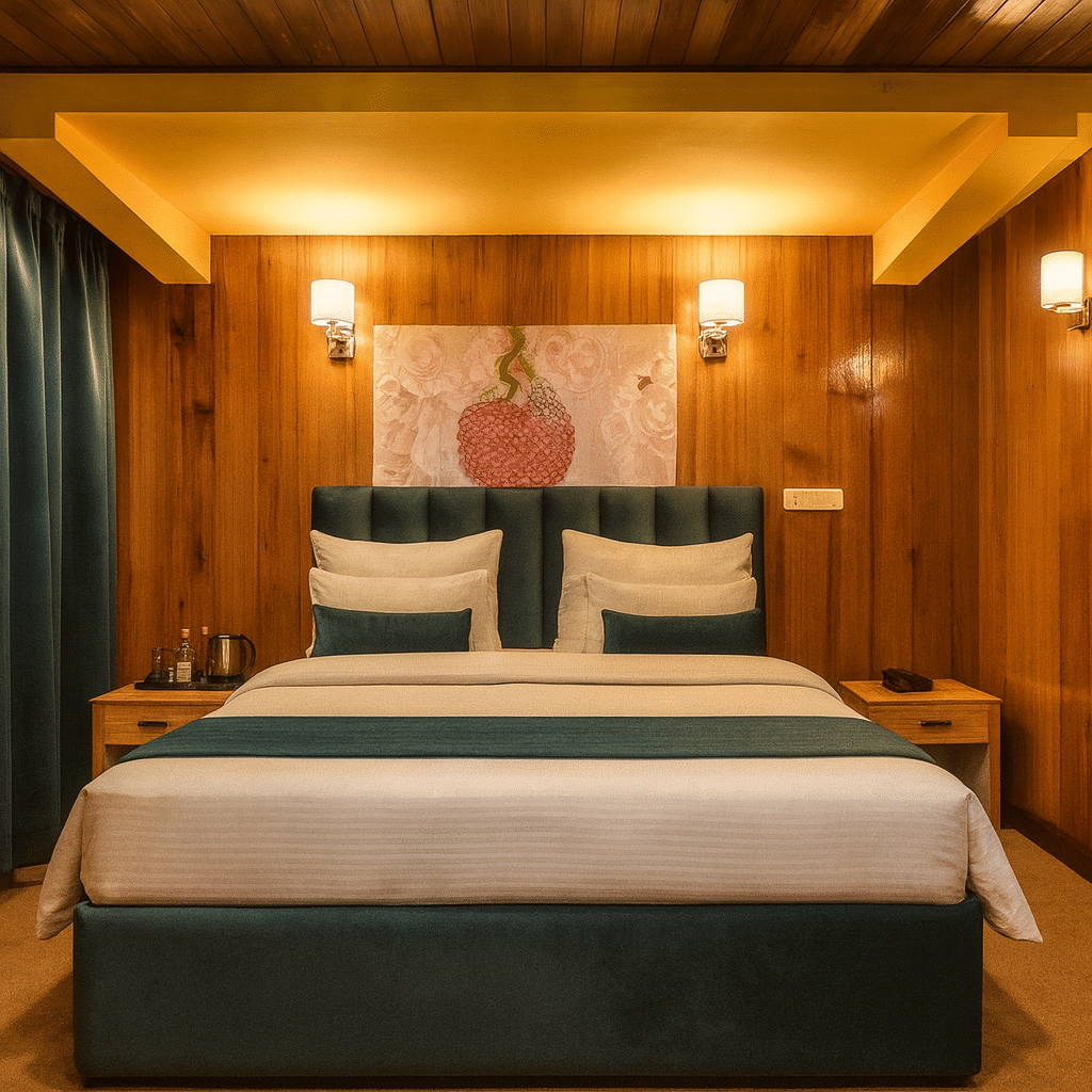 Cozy premium hotel room in Darjeeling with wooden interiors, teal upholstered bed, warm ambient lighting, and elegant wall art