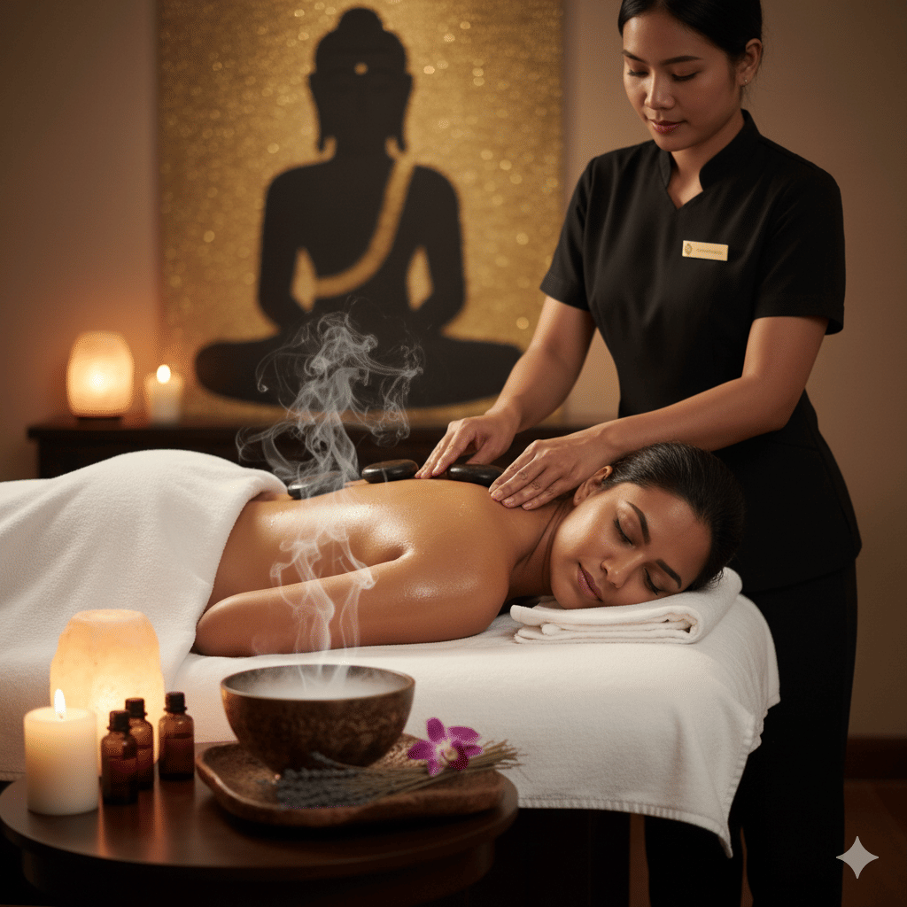 Woman receiving a massage from a therapist with essential oils beside a Buddha statue decor at Bamboo Saa Sunrise Wedding & Wellness Resort, Jaipur.