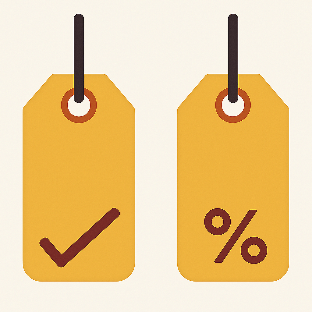 Discount tags icon – Two yellow price tags with a check mark and percentage symbol, indicating deals or promotional offers.