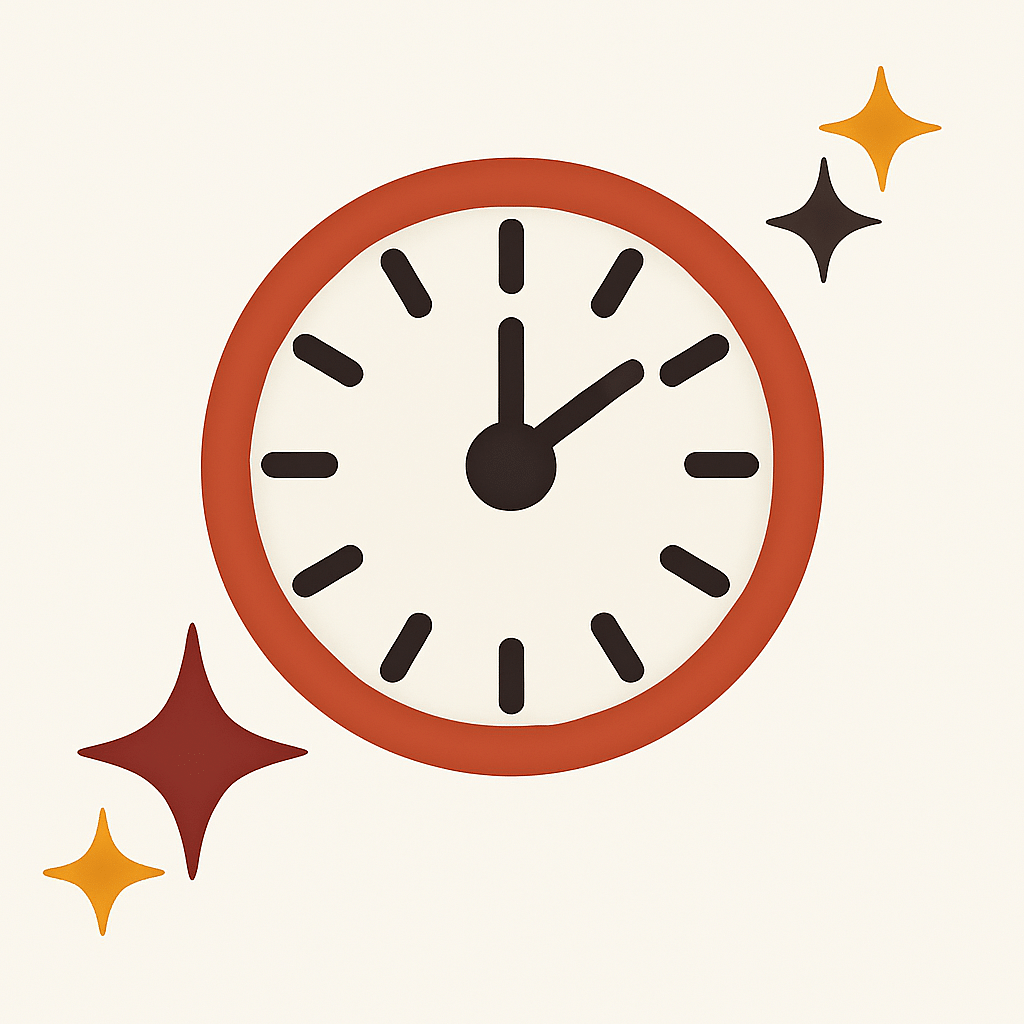 Clock with sparkles icon – A clock showing 9 AM with sparkles, representing early check-in or special timing.