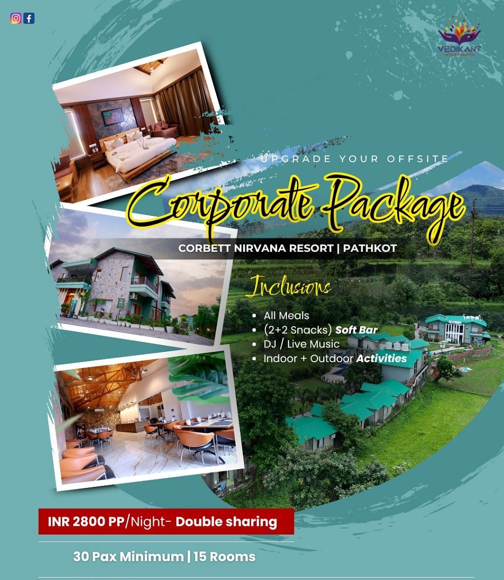 Corporate package flyer for Corbett Nirvana Resort (Pathkot) showing a bedroom, dining area, and aerial view of the property; includes all meals, soft bar, DJ/live music, activities; contact details and booking button at bottom.
