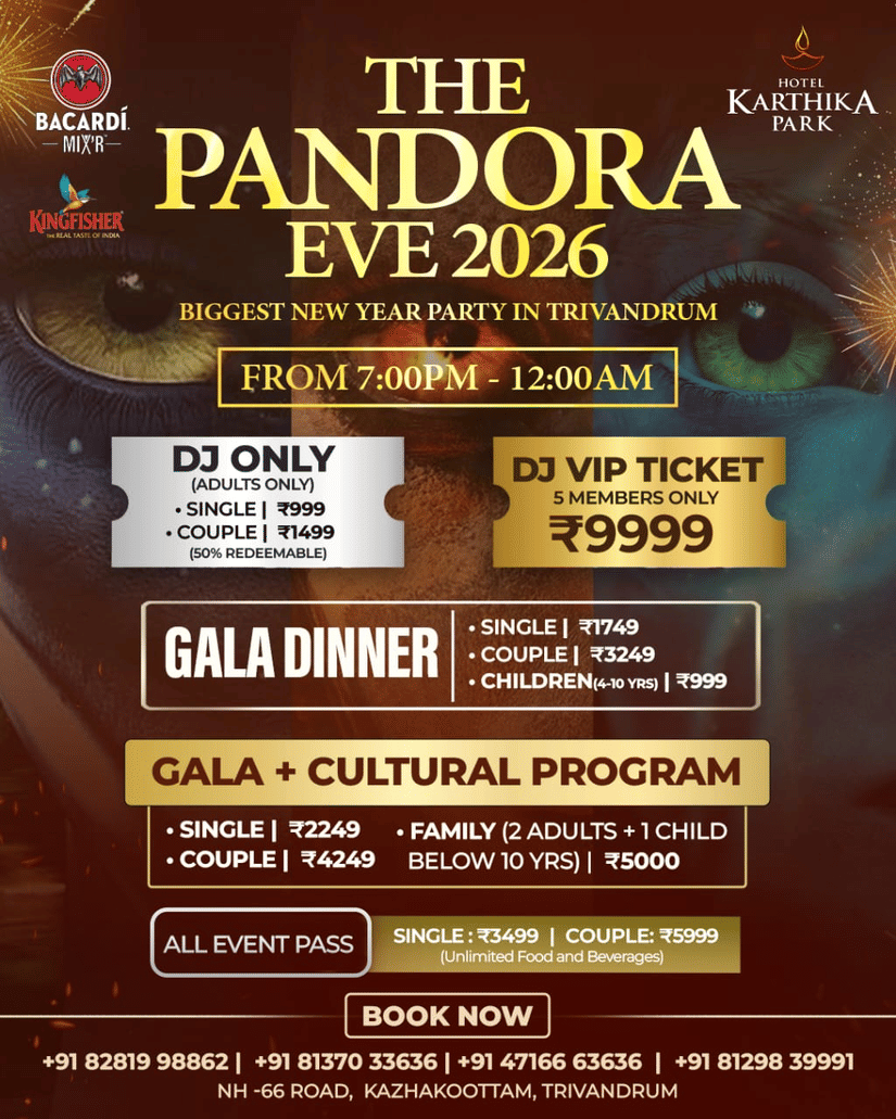 An event flyer for The Pandora Eve 2026, described as the Biggest New Year Party in Trivandrum. The background features a close-up of an Avatar-inspired blue face with a glowing yellow eye