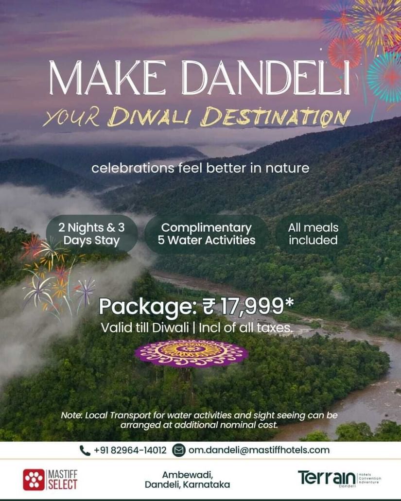 Promotional banner for a Diwali holiday package in Dandeli, showing river, hills, and forest with text for a three days and two nights stay, complimentary activities, complimentary breakfast, and package price.