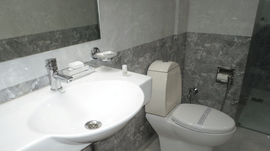 Bright bathroom with a large sink, toilet, and glass partition