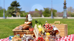 A scenic outdoor picnic setup with a basket full of fruits and snacks, with a lush green park in the background.