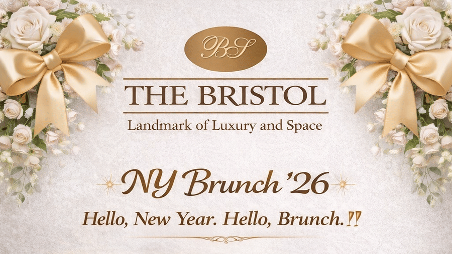 New Year Premium Brunch 2026 at The Bristol Hotel, featuring a festive spread of dishes and beverages in a stylish dining setting.