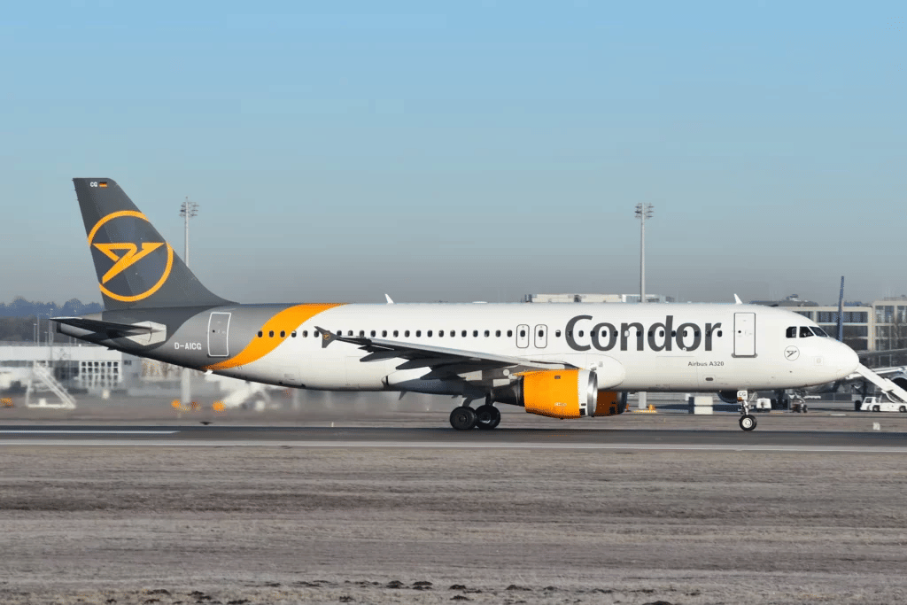 Condor plane at the airport marking the launch of a new route to the Caribbean.