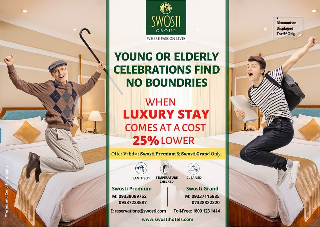  A poster for the Student Senior Citizen Offer detailing the offer, featuring images of two men jumping on the side, with a bed in the foreground.