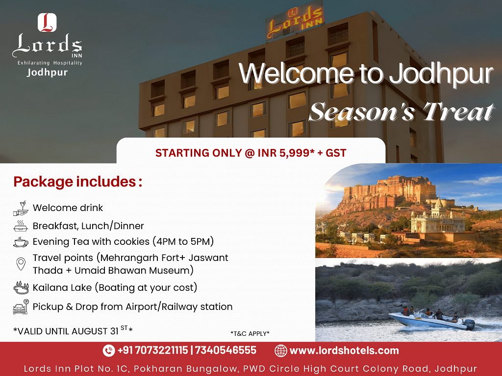 Promotional banner for Lords Inn Jodhpur's Season's Treat package at ?5,999+GST, highlighting inclusions like meals, sightseeing, and airport pickup.