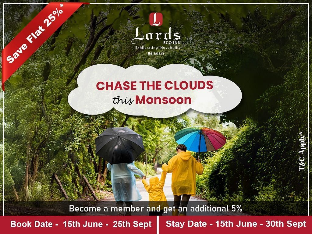 People with colorful umbrellas walk on a green forest path. Lords Hotels monsoon offer, save 25%, book by Sept 25, stay till Sept 30.