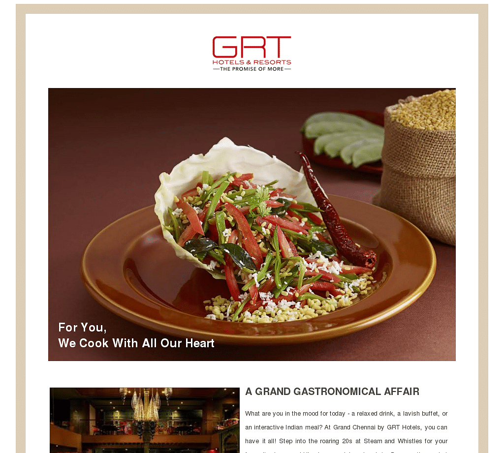 Newsletter by GRT Hotels featuring an article that talks about their food.