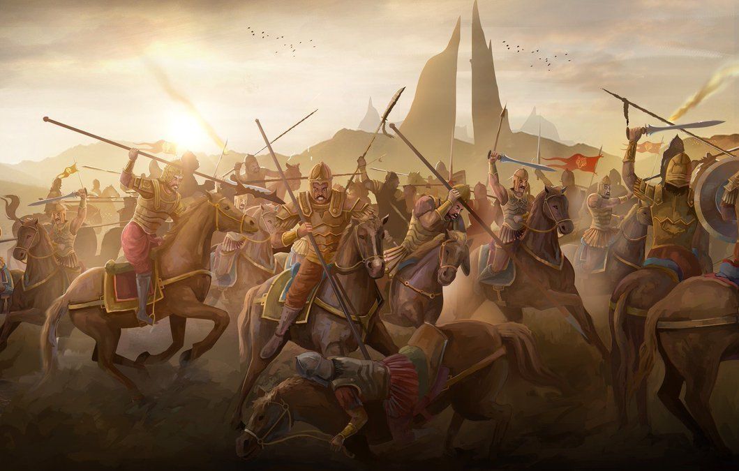 Cavalry battle scene with warriors and a fallen soldier.