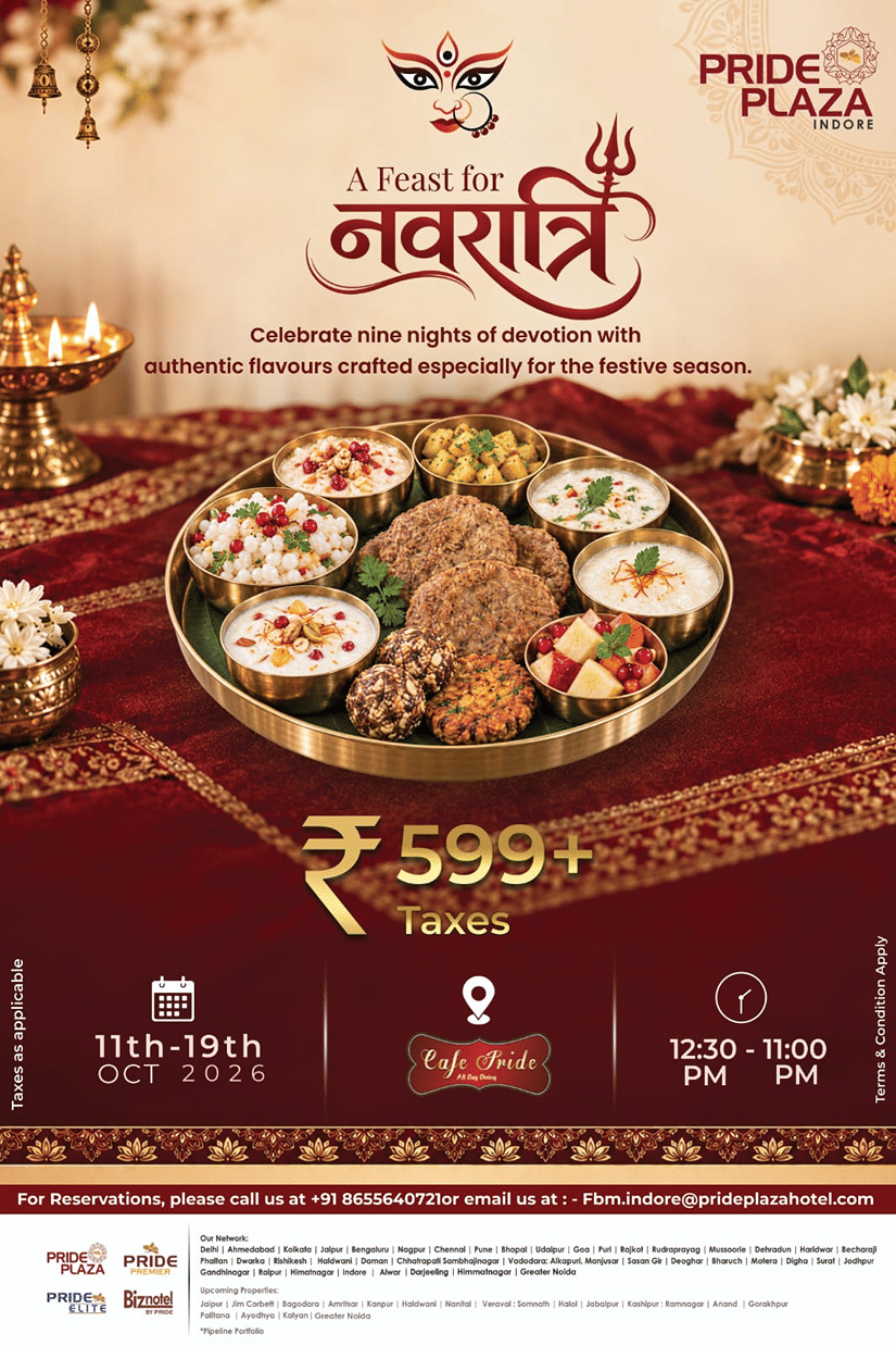 Pride Plaza Indore Navratri festive thali offer banner priced at 599 plus taxes, valid 11th-19th Oct 2026 from 12:30 PM - 11:00 PM at Cafe Pride.