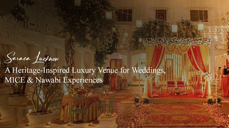 Heritage-inspired luxury venue with ornate lighting, floral arrangements, elegant seating, and text highlighting weddings, MICE, and special experiences.