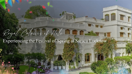 Heritage hotel courtyard decorated with festive colours and spring decor in Lucknow.