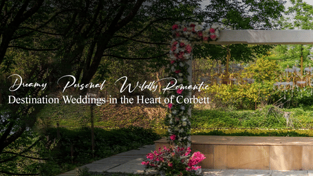 Blog banner for destination weddings in the heart of Corbett at Saraca Hotels and Resorts with an outdoor venue and branded text overlay.