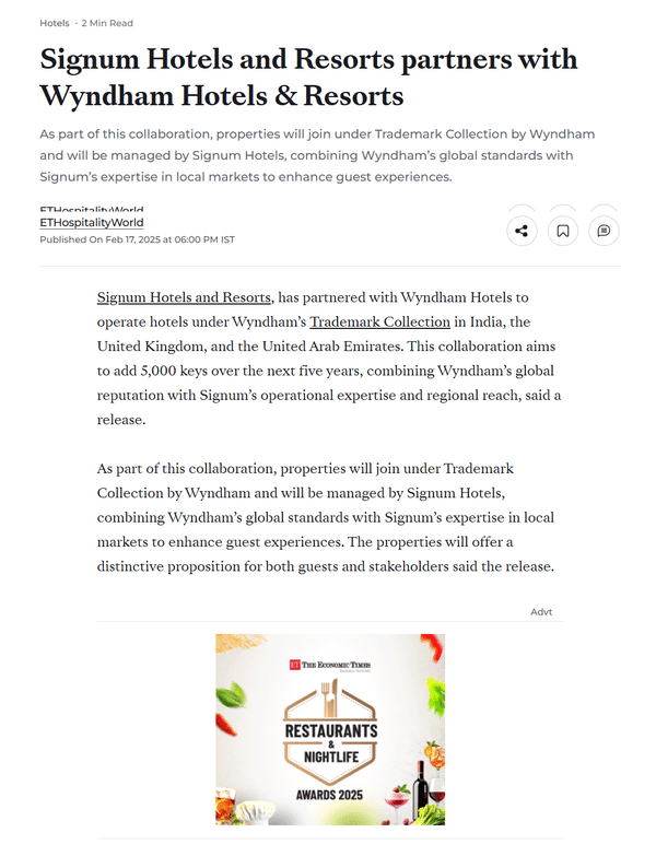 ETHospitalityWorld article: Signum Hotels and Resorts partners with Wyndham Hotels & Resorts