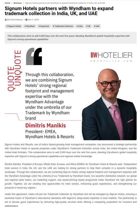 BW Hotelier article: Signum Hotels partners with Wyndham to expand trademark collection in India, UK and UAE