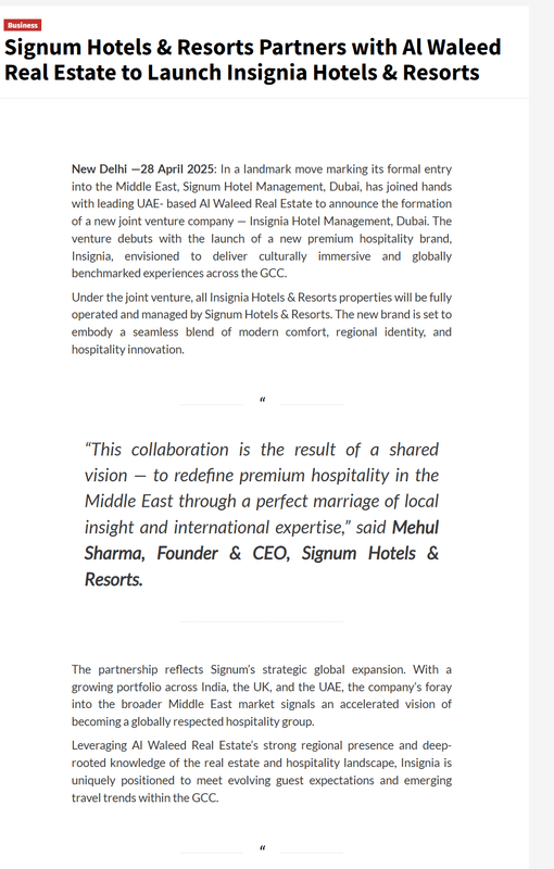 Media Bulletins article: Signum Hotels & Resorts partners with Al Waleed Real Estate to launch Insignia Hotels & Resorts