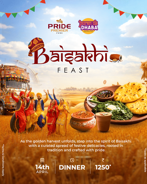 Baisakhi Feast poster with Punjabi dancers, festive food platter, and event details at Pride Premier Pune on 14th April for dinner at INR 1250.