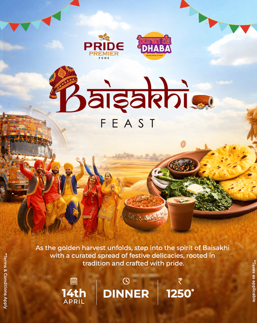 Baisakhi Feast poster with Punjabi dancers, festive food platter, and event details at Pride Premier Pune on 14th April for dinner at INR 1250.