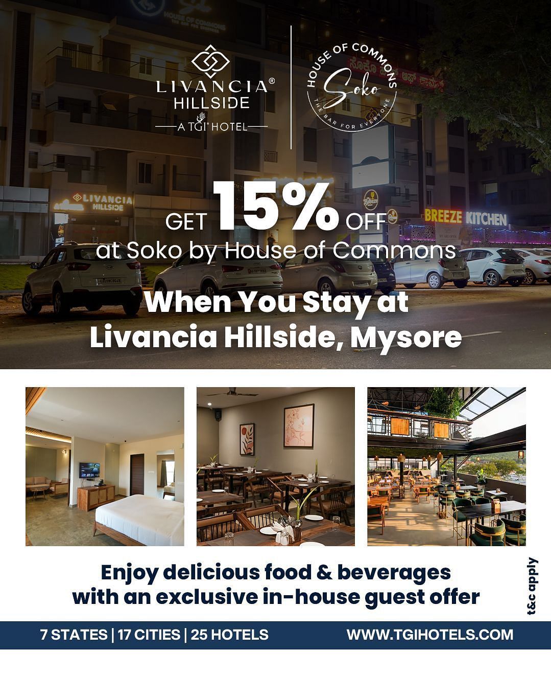 Promotional image showing a 15% discount offer at Soko by House of Commons for guests staying at Livancia Hillside