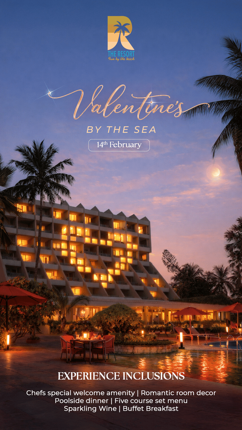 A Valentine’s Day promotional banner for The Resort, Mumbai, featuring their seaside hotel at dusk with palm trees, glowing lights, and information about the experience inclusions.