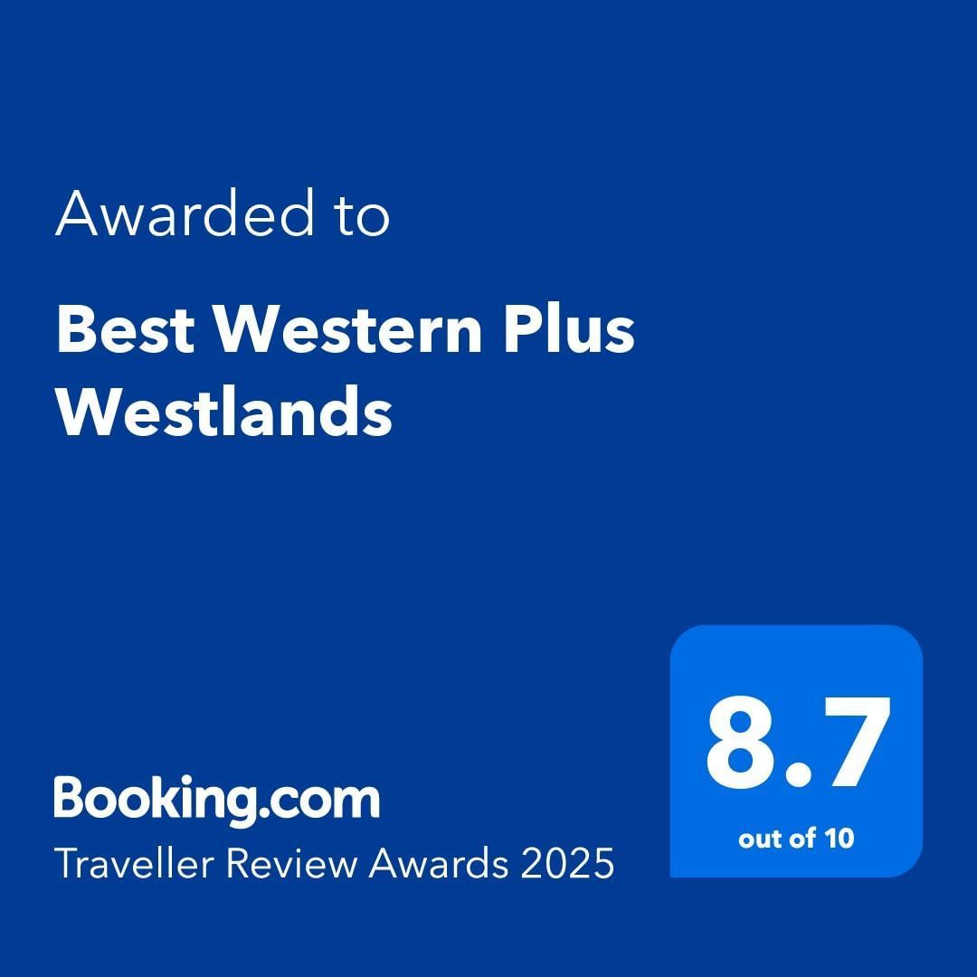 Award badge showing Best Western Plus Westlands received a score of 8.7 out of 10 in the Booking.com Traveller Review Awards for 2025.