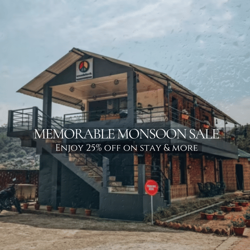 Woodstock Resort's poster with a facade image and monsoon writeup