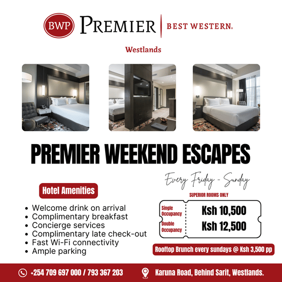 A creative presents a Premier Weekend Escapes flyer for Best Western Premier Westlands, listing core benefits, rate options, and hotel room images for getaway stays.