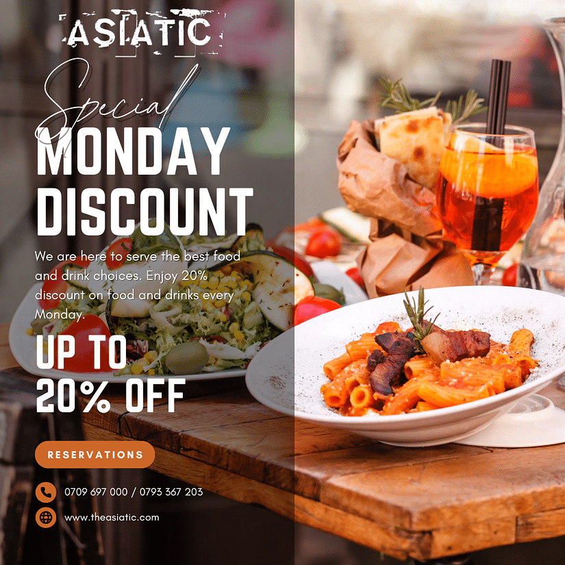 Monday Discount: Enjoy up to 20% off on food & drinks at Asiatic every Monday. Reservations available now!